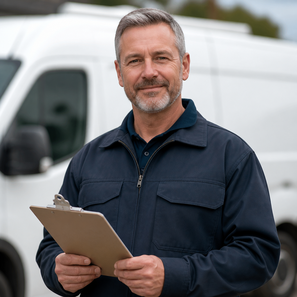 Walt, the pest-control technician, in front of his service van