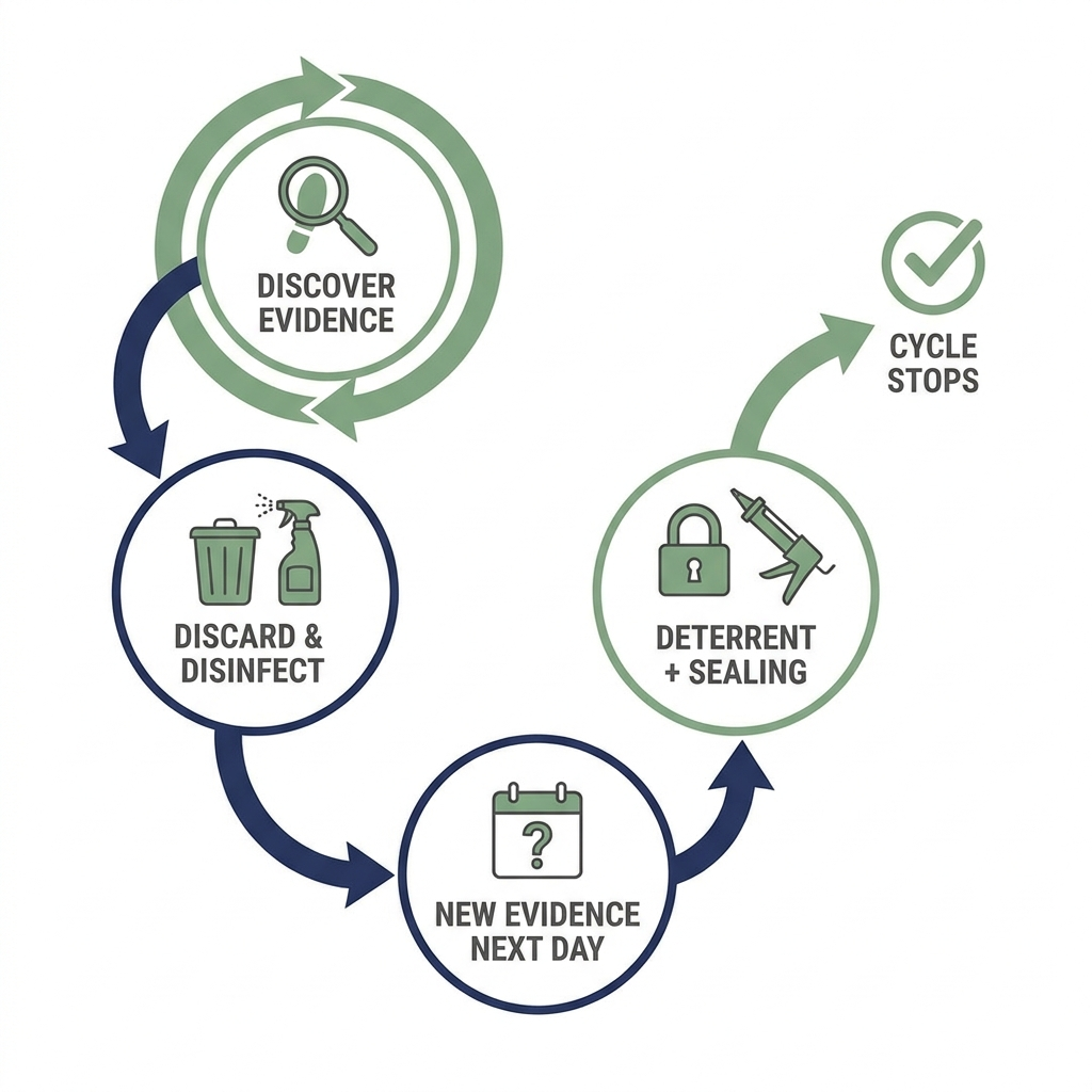 Diagram of the discover, discard, disinfect, repeat contamination cycle