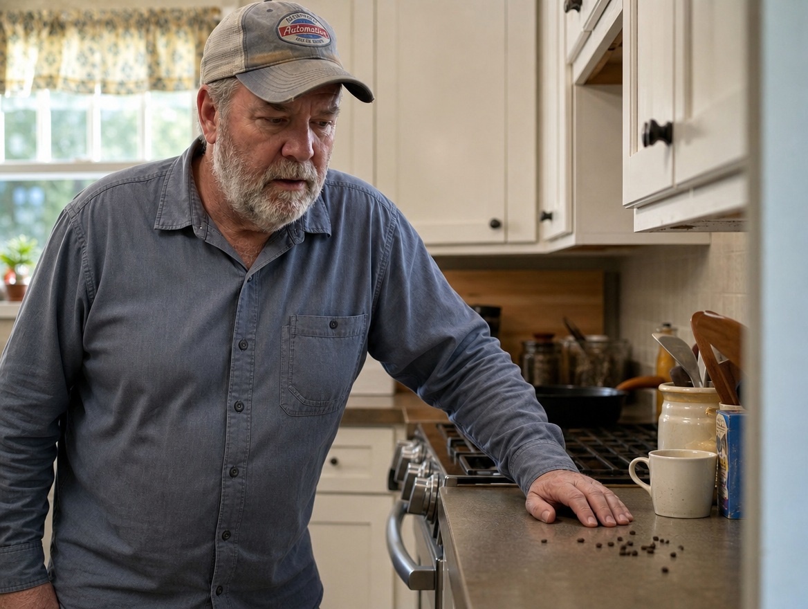 David noticing droppings on the kitchen counter near the stove