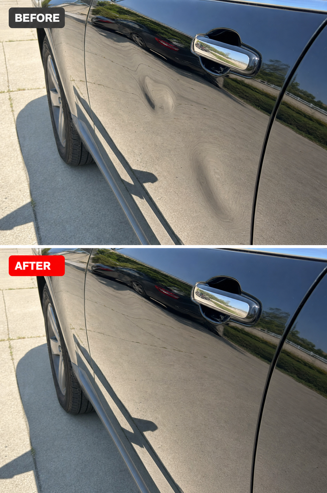 Before and after: black door dent pulled