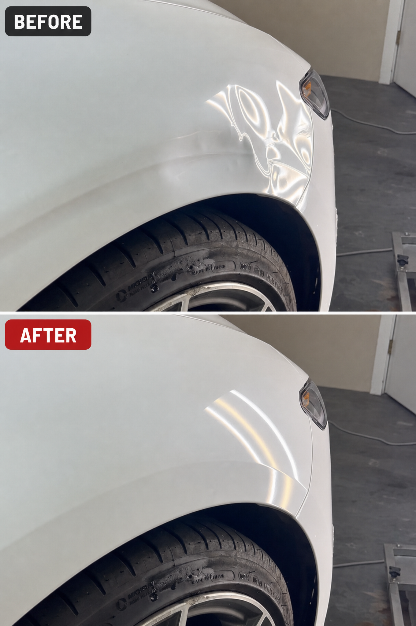 Before and after: white fender dent pulled