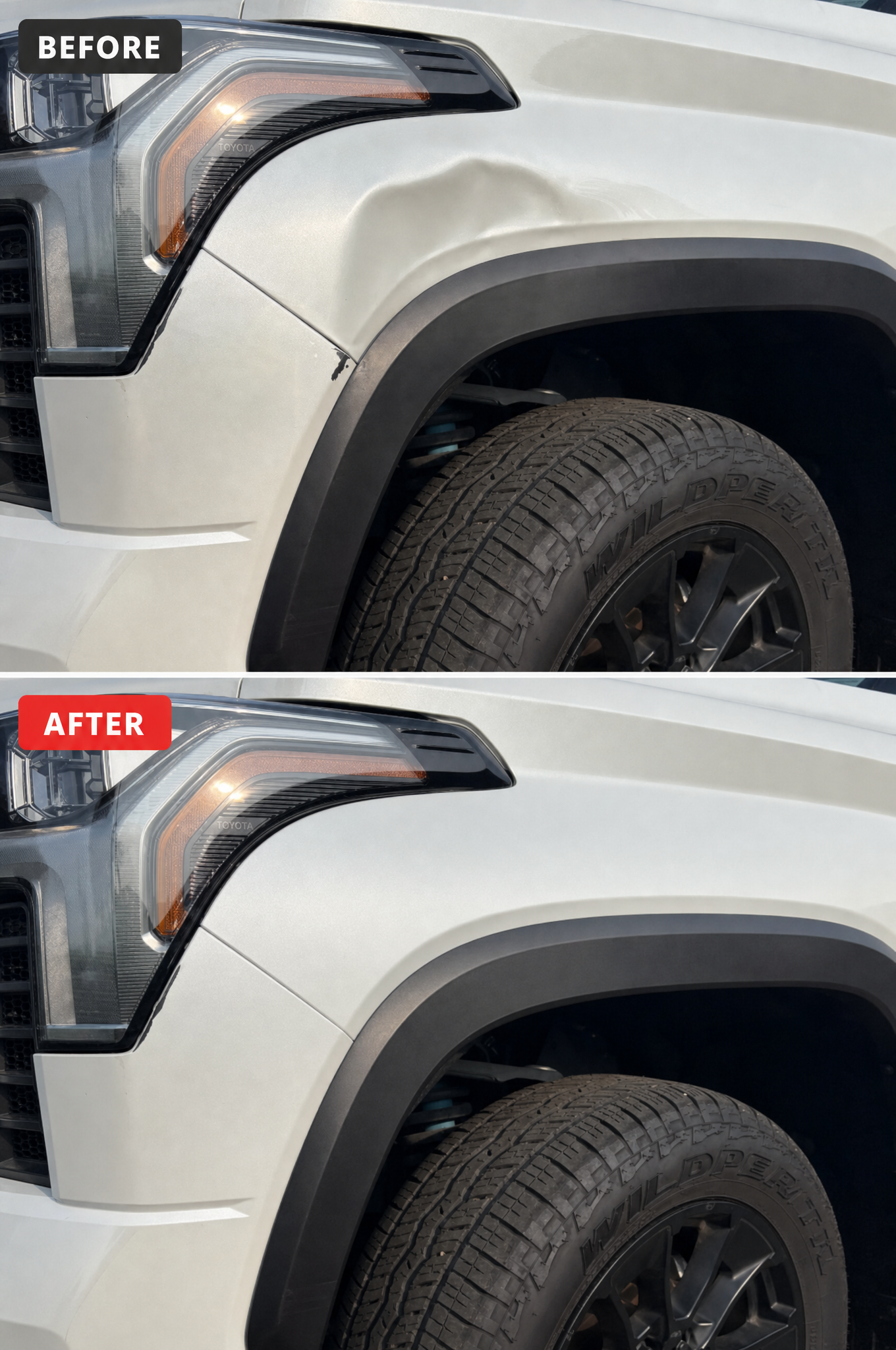 Before and after: truck fender dent pulled