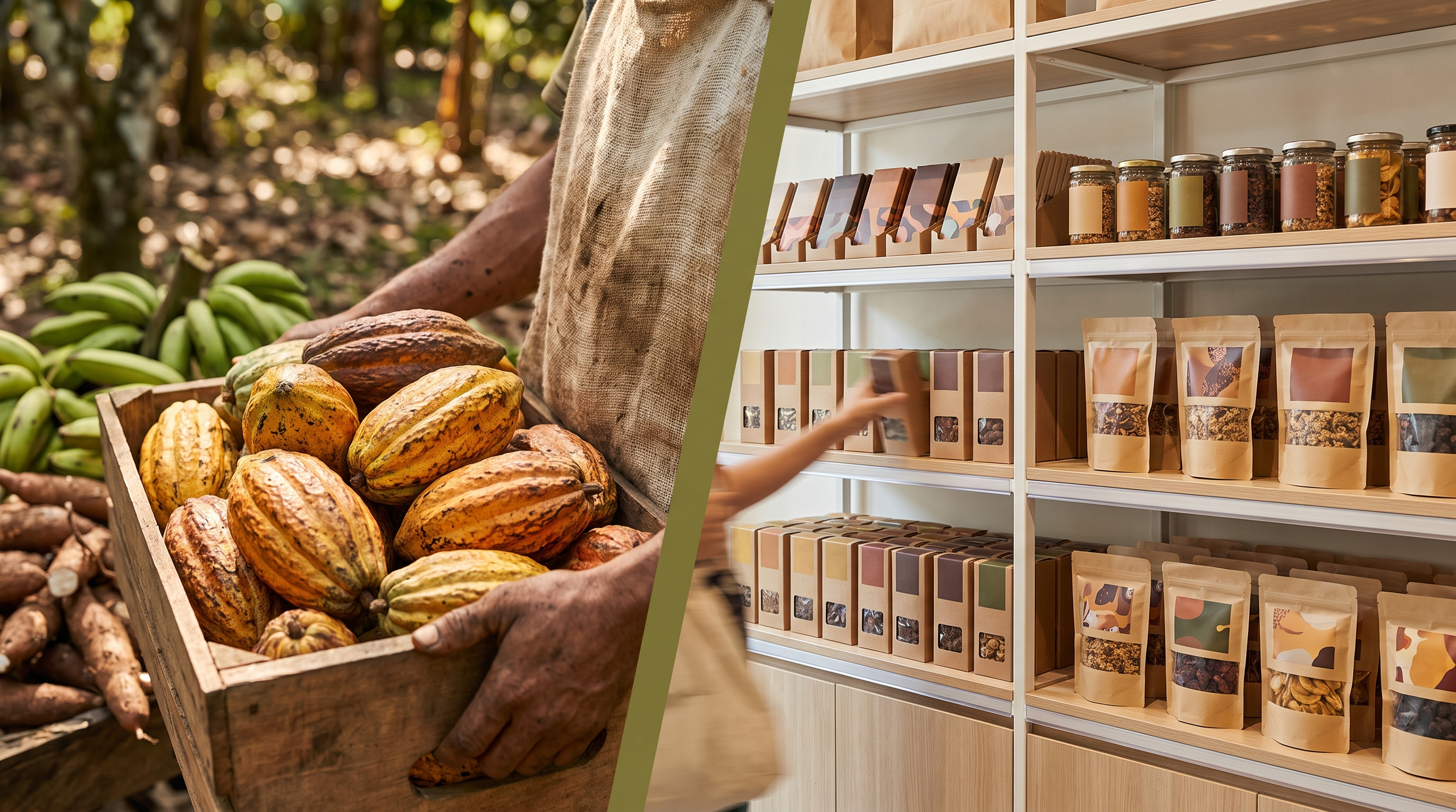 Raw African produce transitioning into packaged product on a retail shelf