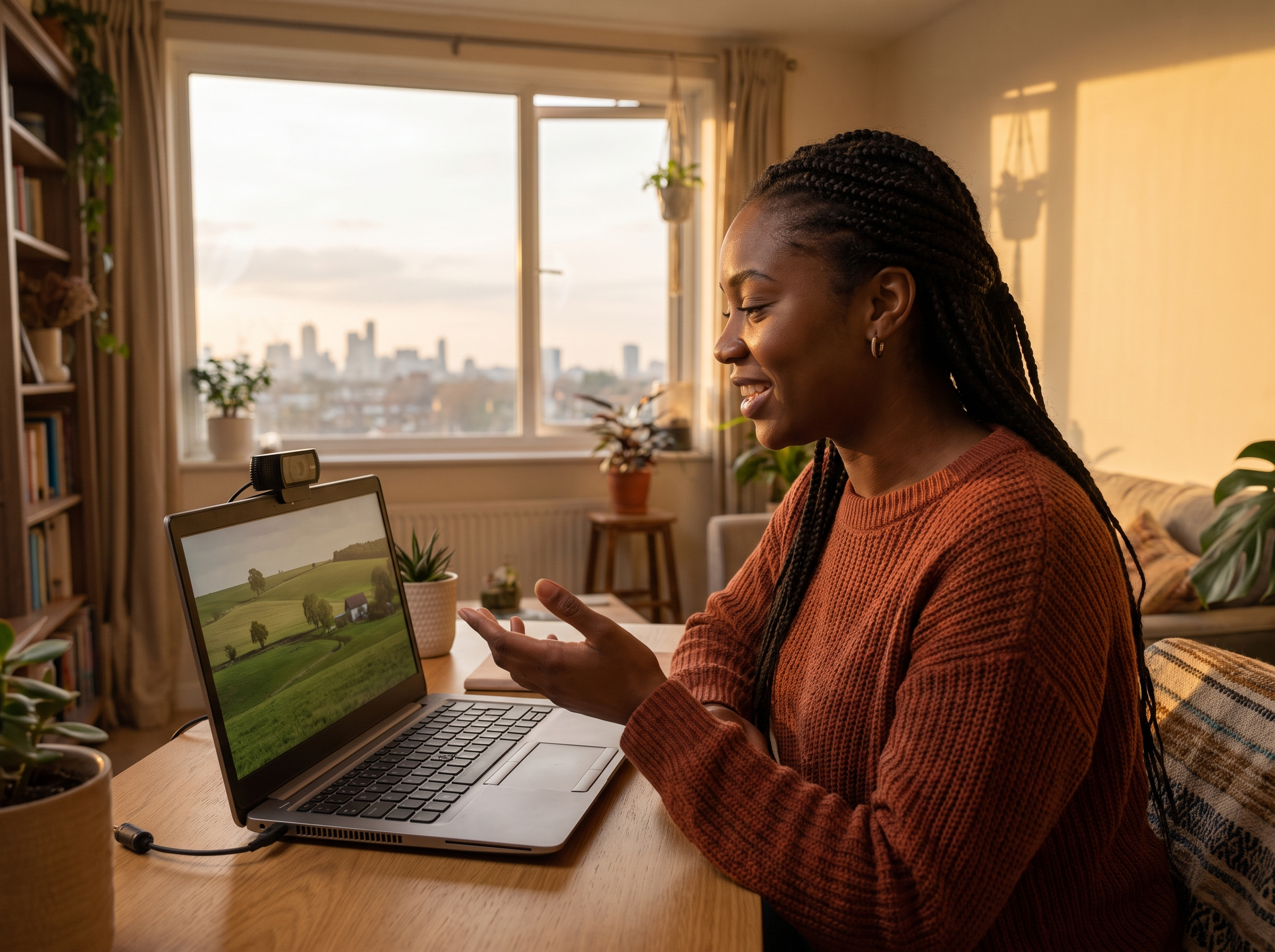 African diaspora professional on a video call, connecting with a farm back home