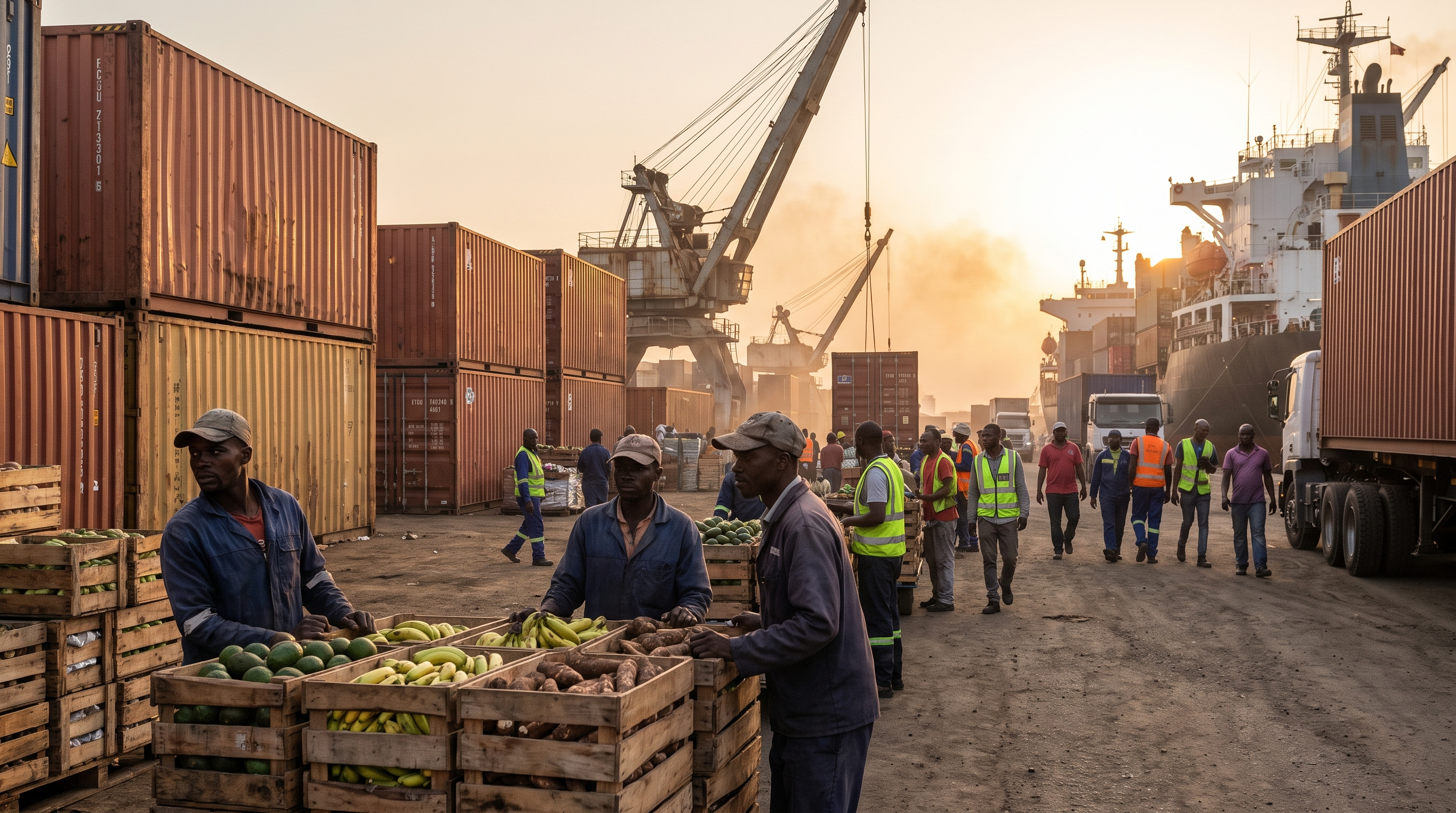 African port at dawn, shipping containers and produce crates ready for export