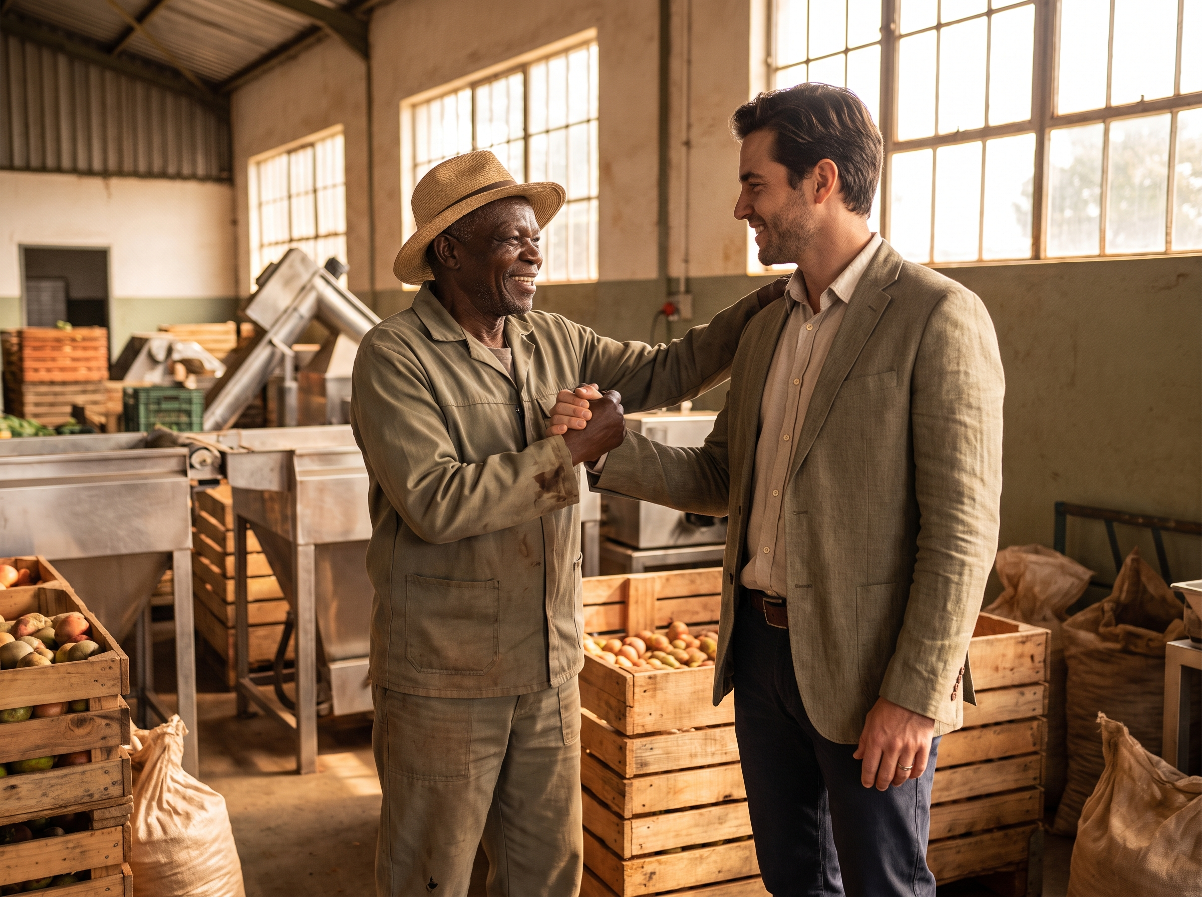Handshake between an African farmer and an investor inside a processing facility