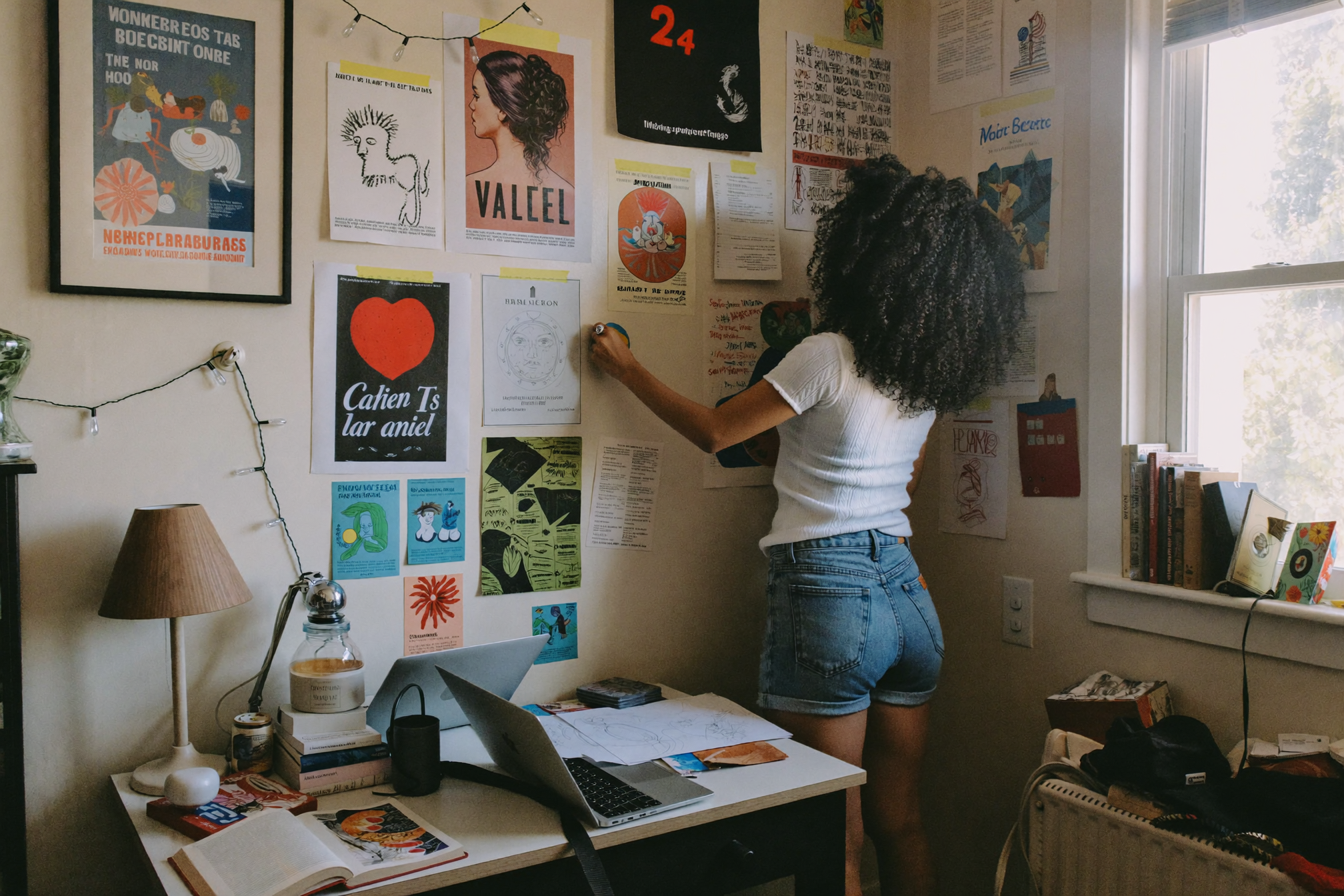 College student decorating her dorm room wall with unframed art posters and washi tape