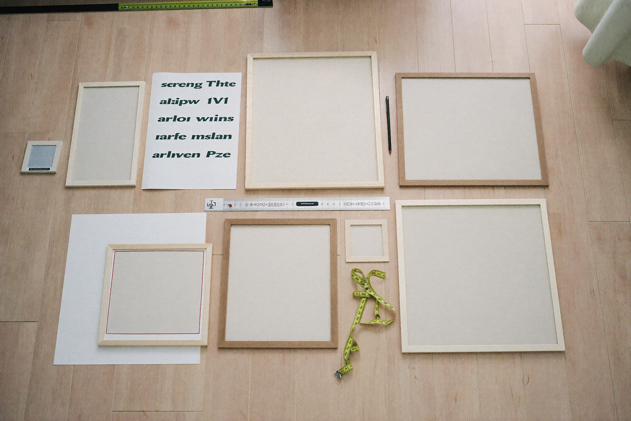 Flatlay of art prints and frames in different standard sizes with measuring tape