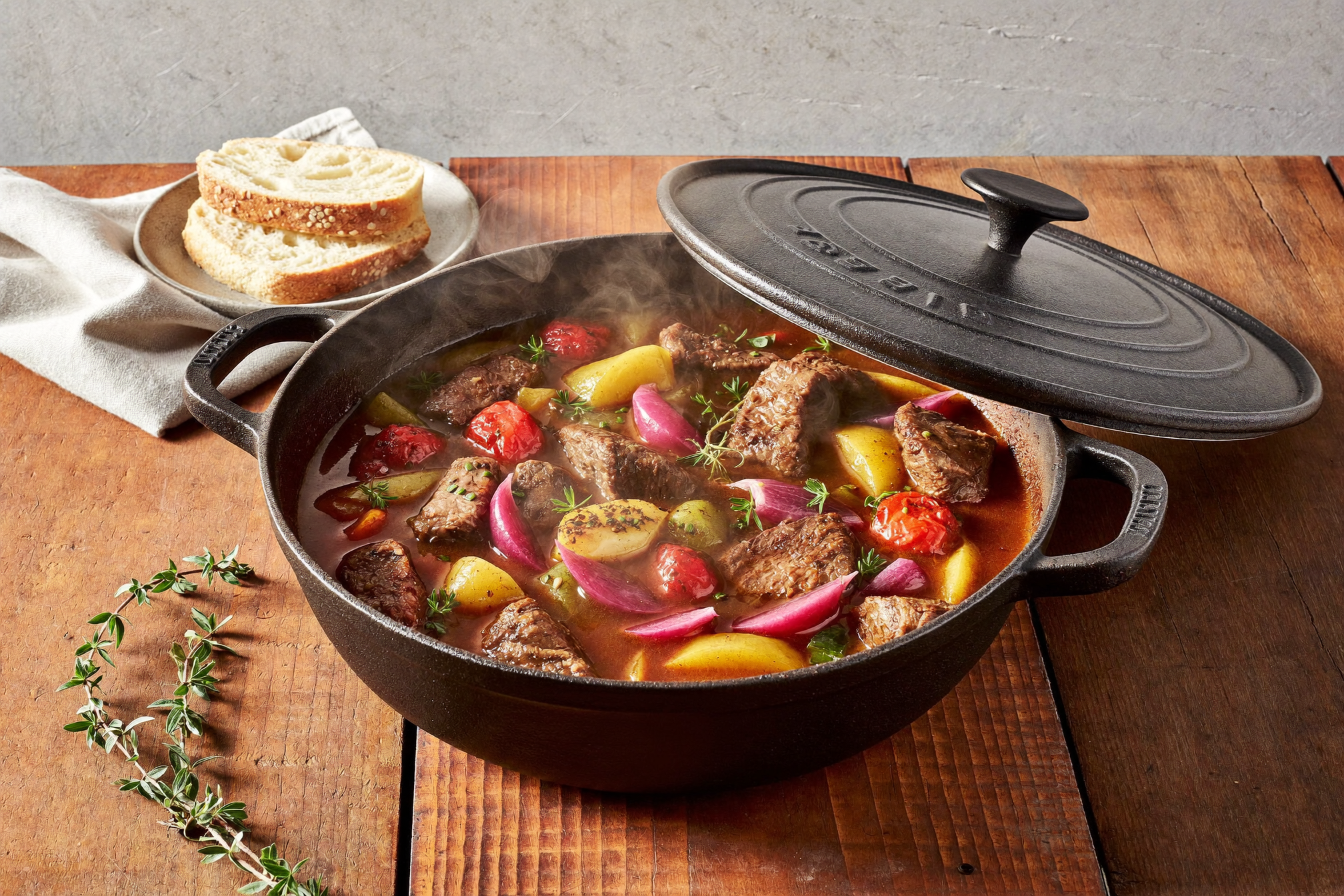 Braadpan met stoofpot van rundvlees en groenten op houten tafel