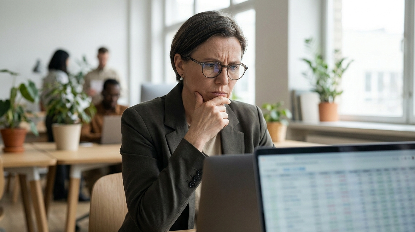 A trader carefully and skeptically reviewing a laptop screen