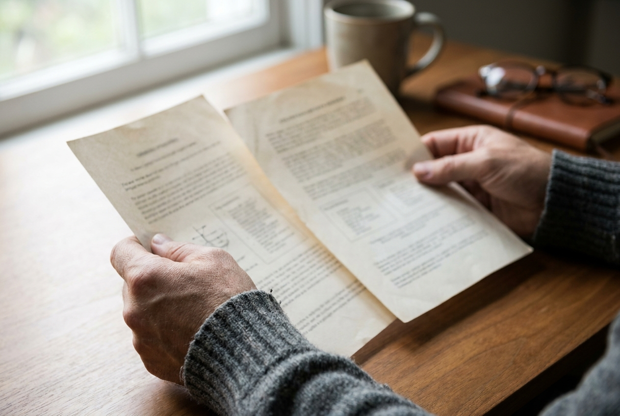 Hands comparing two printed documents side by side on a desk