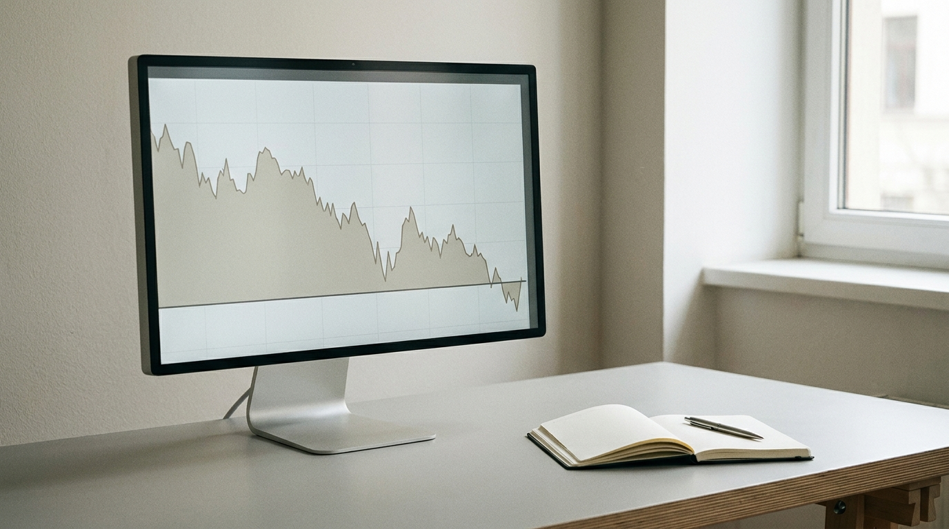 A clean desk with one monitor showing a simple chart with a horizontal threshold line