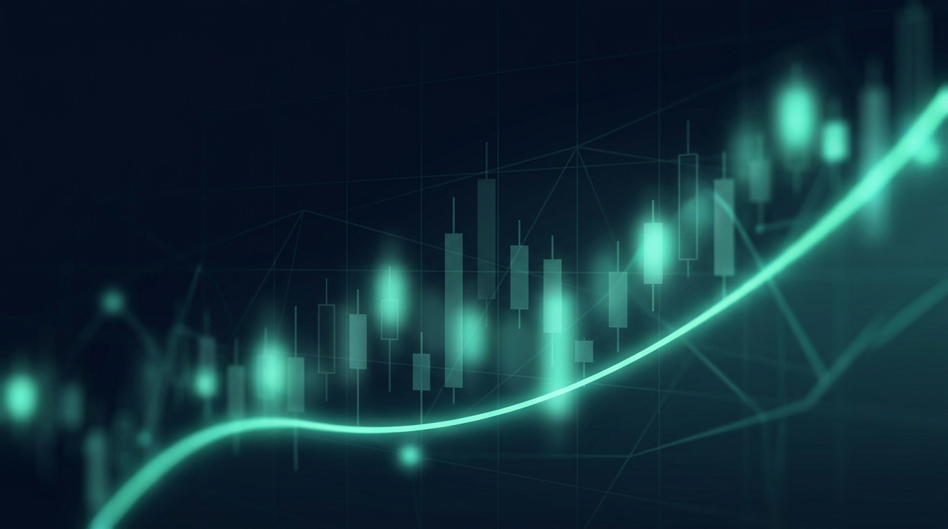 Abstract financial chart art in mint teal on a dark navy background