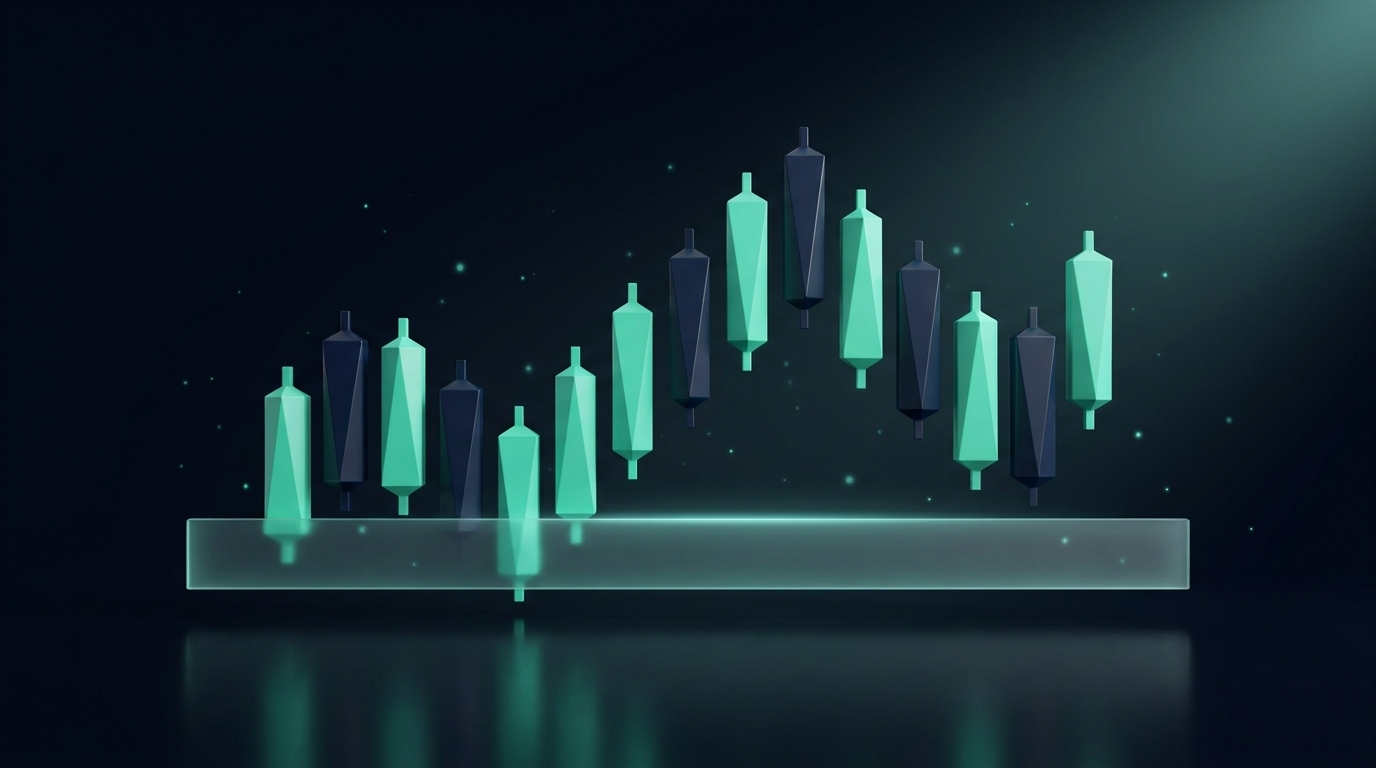 3D mint teal candlestick prisms rising to a peak above a glowing threshold plane