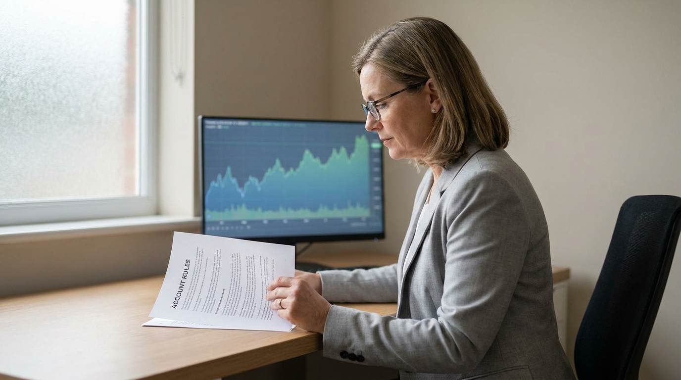 A trader calmly reviewing a printed account rules sheet at a tidy desk