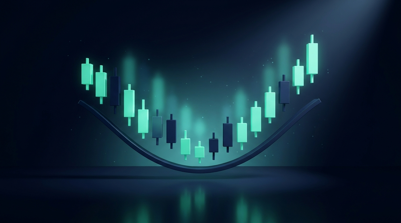 3D mint teal candlesticks dipping into a trough then climbing back up in a recovery curve