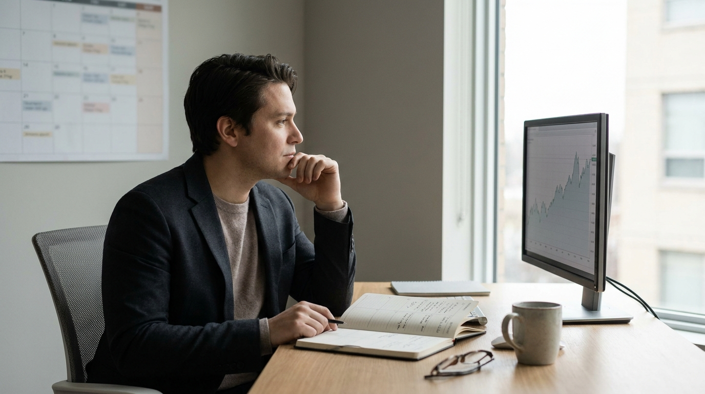 A trader at a tidy desk with a planner nearby, a steady daily-routine feel