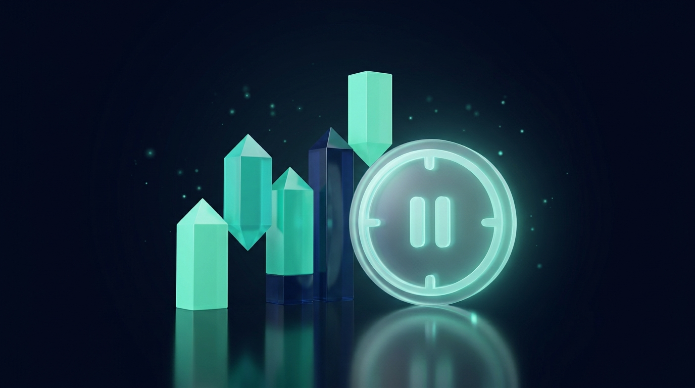 3D mint teal candlesticks beside a softly glowing clock-like element on a dark navy background