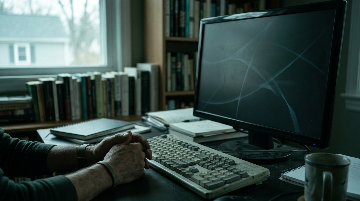 A trader's hands resting calmly near a keyboard and a single muted monitor in a dim home office at dawn