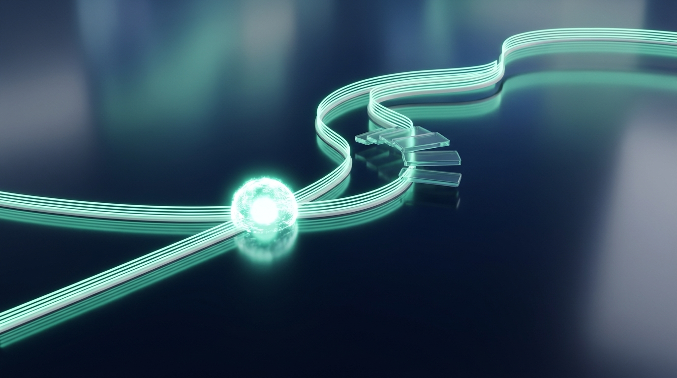 Two glowing mint teal paths on a dark navy surface converging into a single bright node, one path with raised steps and one direct