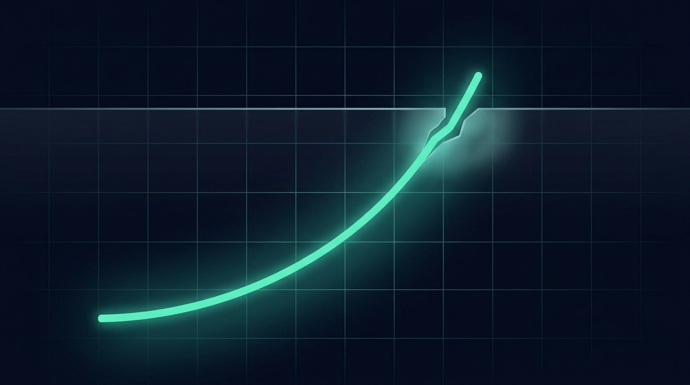 Abstract art of a rising line breaking through a ceiling, in mint teal on navy