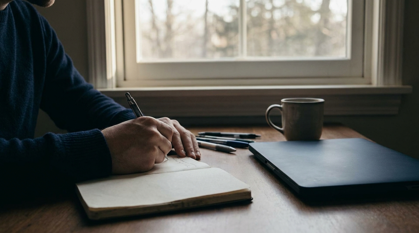A trader's hands writing in a plain notebook beside a closed laptop on a clean desk in soft morning light