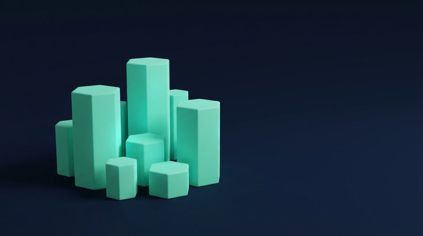Stylized 3D teal candlestick blocks of varying heights on a deep navy background, larger blocks beside smaller ones