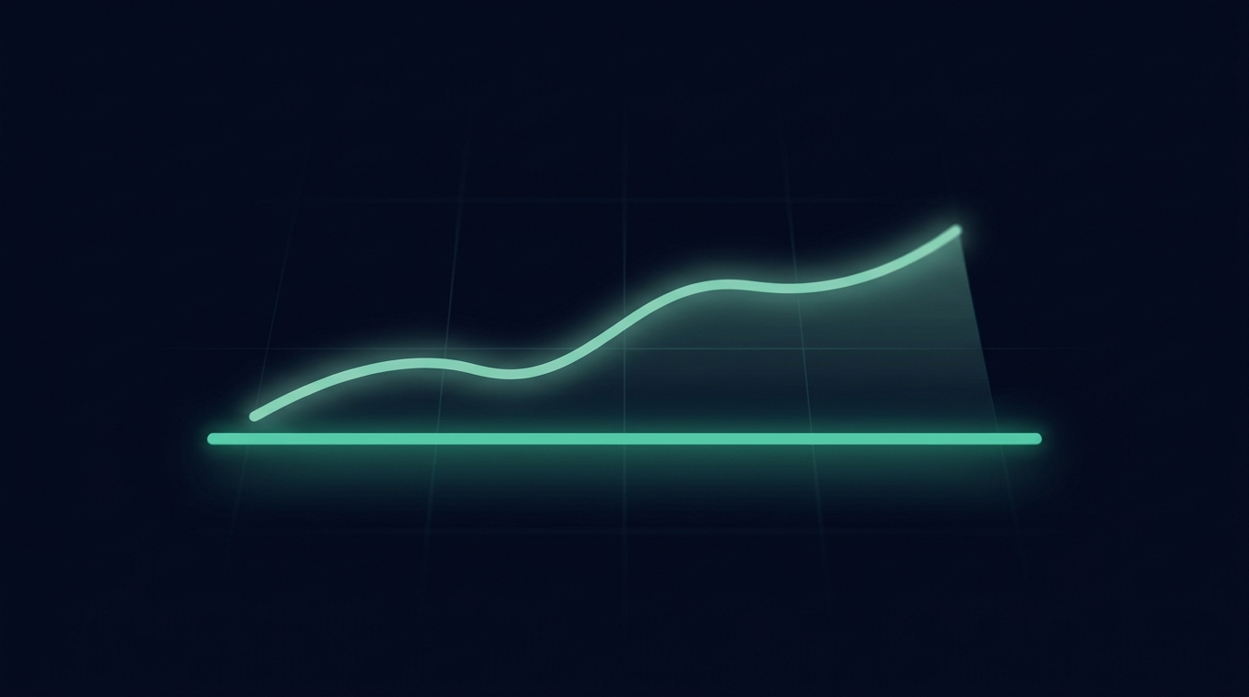 Abstract rising price line with a horizontal support level marked beneath it, in mint teal on navy