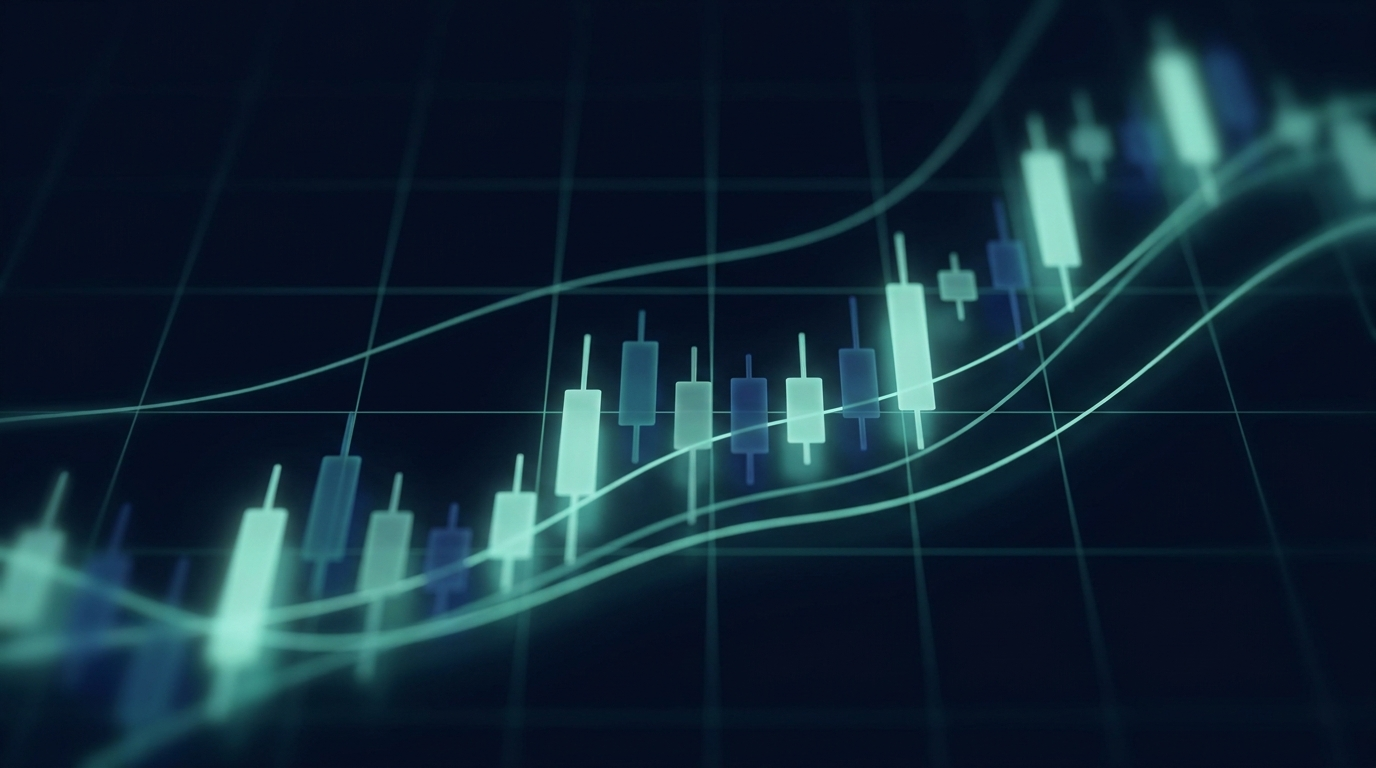 Abstract financial visualization of softly glowing candlestick bars and grid lines on a deep navy background, suggesting capital moving through a structured system