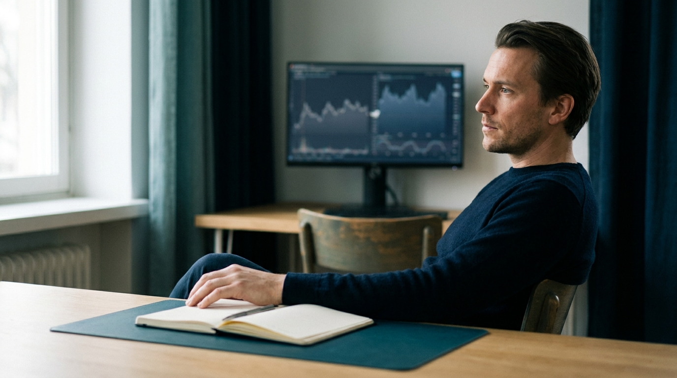 A trader sitting back thoughtfully at a tidy desk in soft natural morning light, a dim monitor with muted charts and an open notebook nearby