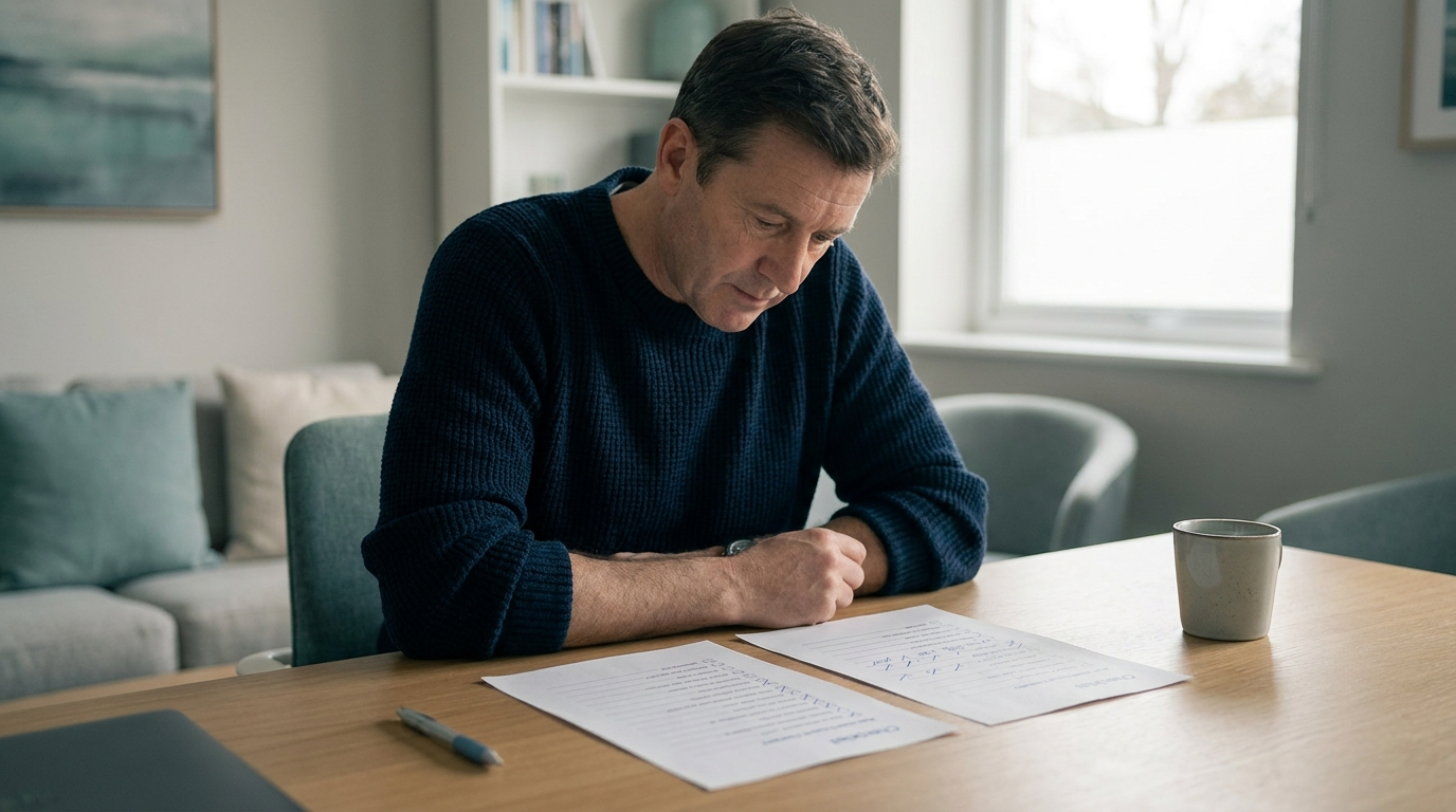 A trader at a tidy desk in soft natural light, comparing two printed evaluation checklists side by side
