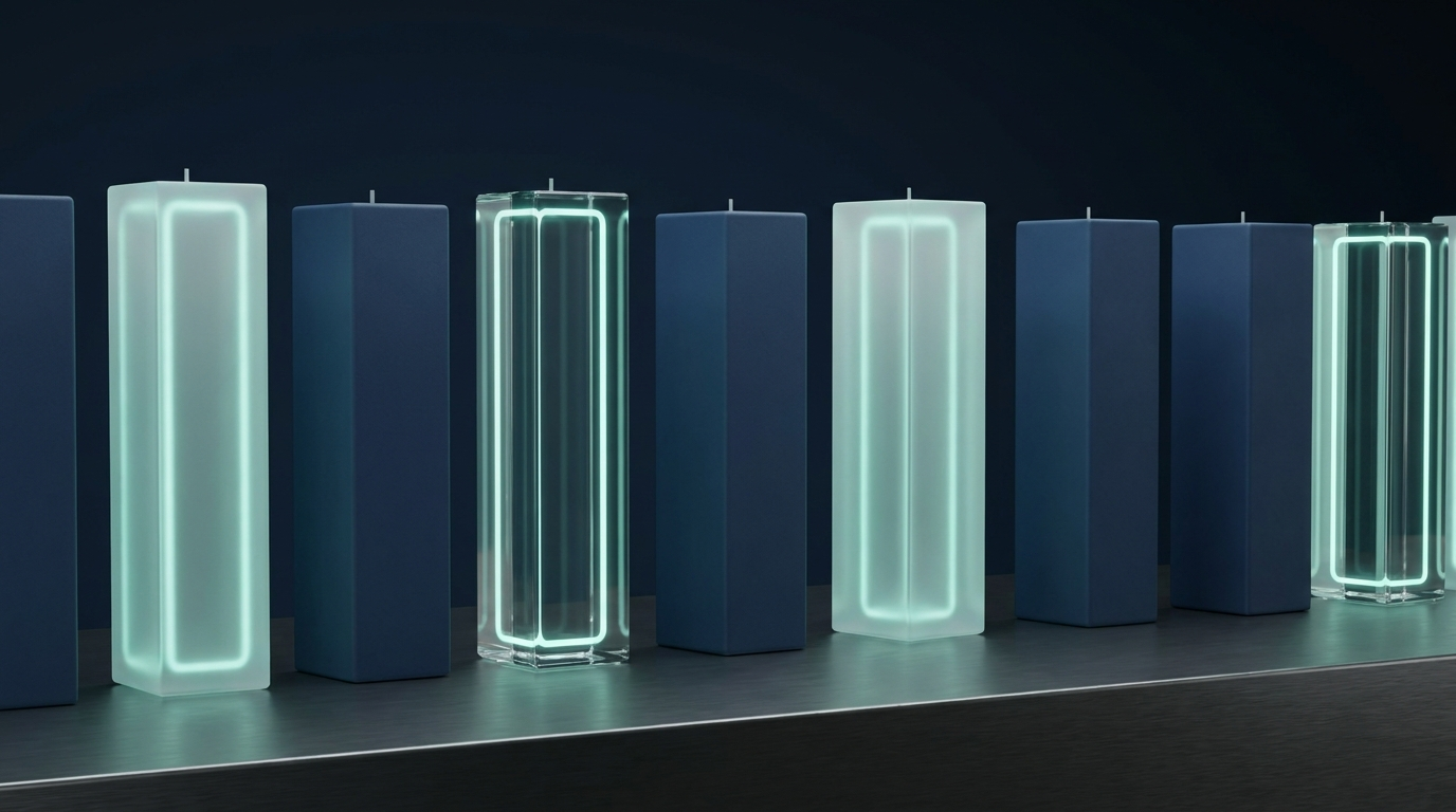 A calm, orderly row of softly glowing 3D candlestick shapes on a dark navy background, suggesting structure and routine