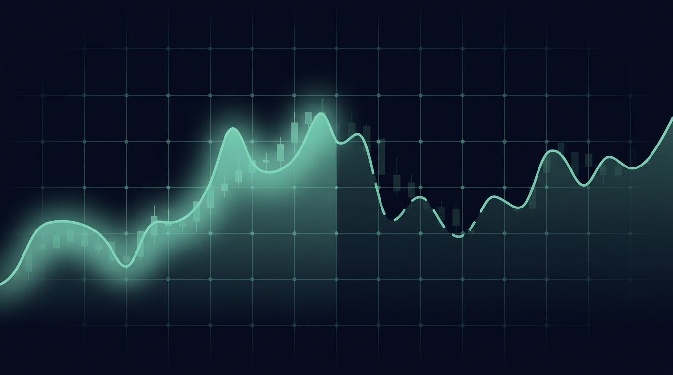 An abstract chart timeline moving from a lit daytime session into a darker overnight gap, in muted navy and teal tones
