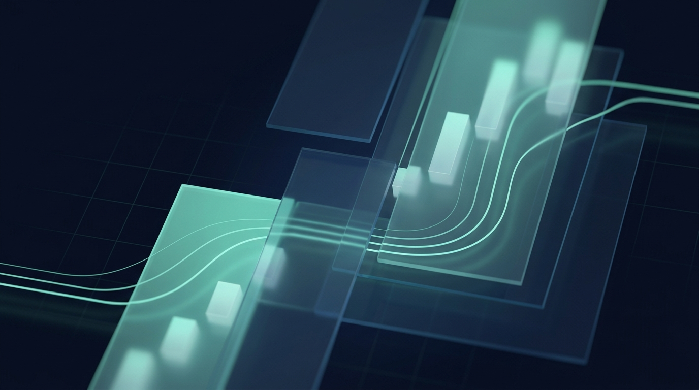 Abstract financial visualization of layered glass panels and a subtle grid in navy and mint, suggesting a fee being credited back