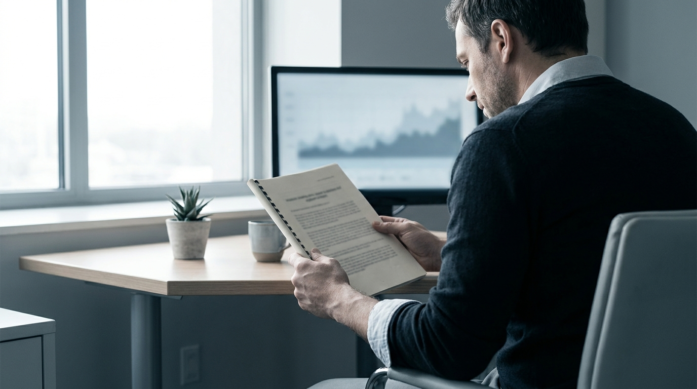 A focused trader reading a printed rulebook at a tidy desk in soft natural light, muted and calm
