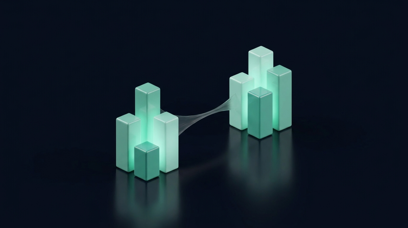 A 3D render of two groups of mint-teal candlestick prisms quietly connected by a faint shared tether on a dark navy background