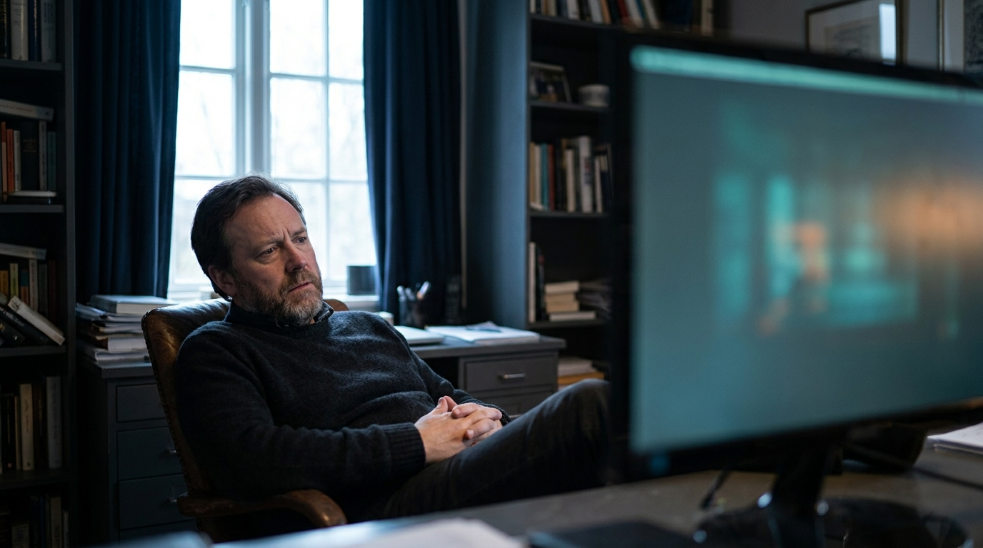 A trader leaning back from the desk in a dim office, watching a price move pass on a softly blurred monitor without acting
