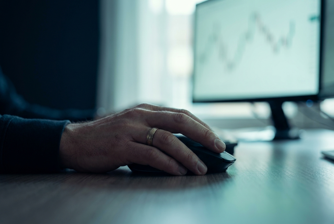 A close-up of a trader's hand hovering over a mouse without clicking, a blurred candlestick chart glowing faintly on the screen behind