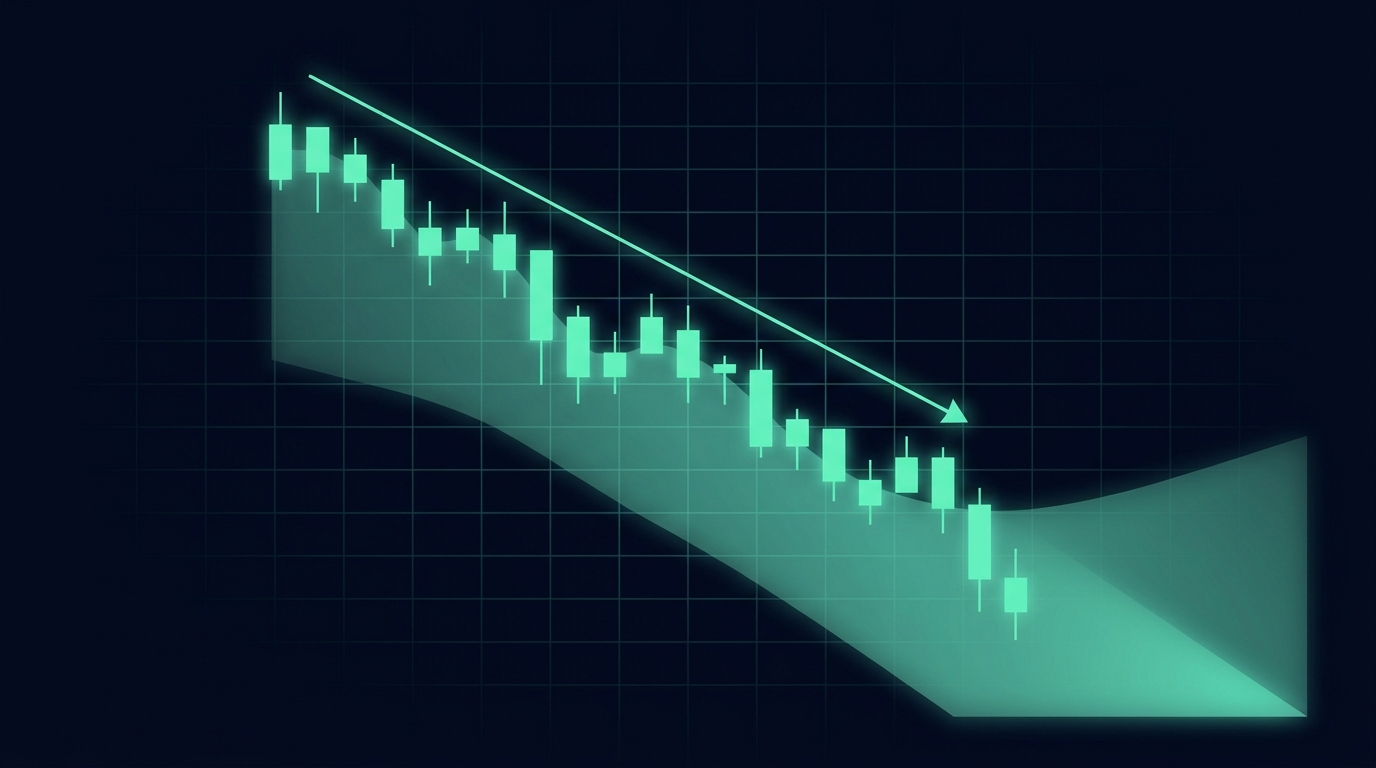 An abstract descending staircase of mint-teal candlesticks on a deep navy background, each step lower than the last, with a widening shaded loss zone toward the bottom