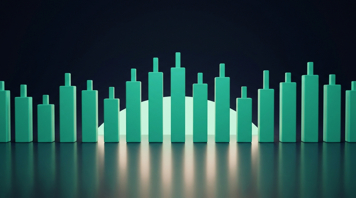 A calm, orderly row of chunky three-dimensional teal candlestick prisms rising on a deep navy backdrop with a soft mint glow