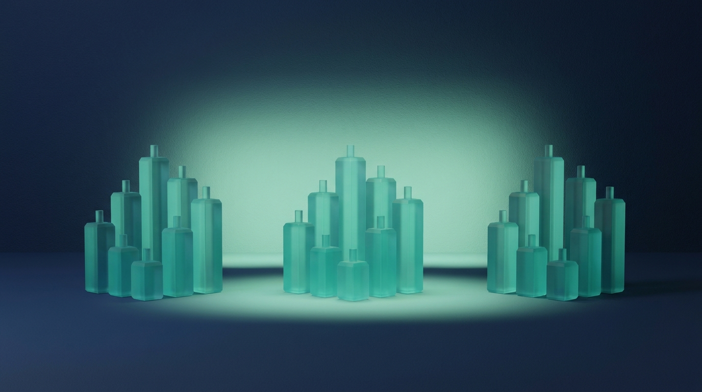 Several separate orderly clusters of chunky three-dimensional teal candlestick prisms on a deep navy background with a soft mint glow