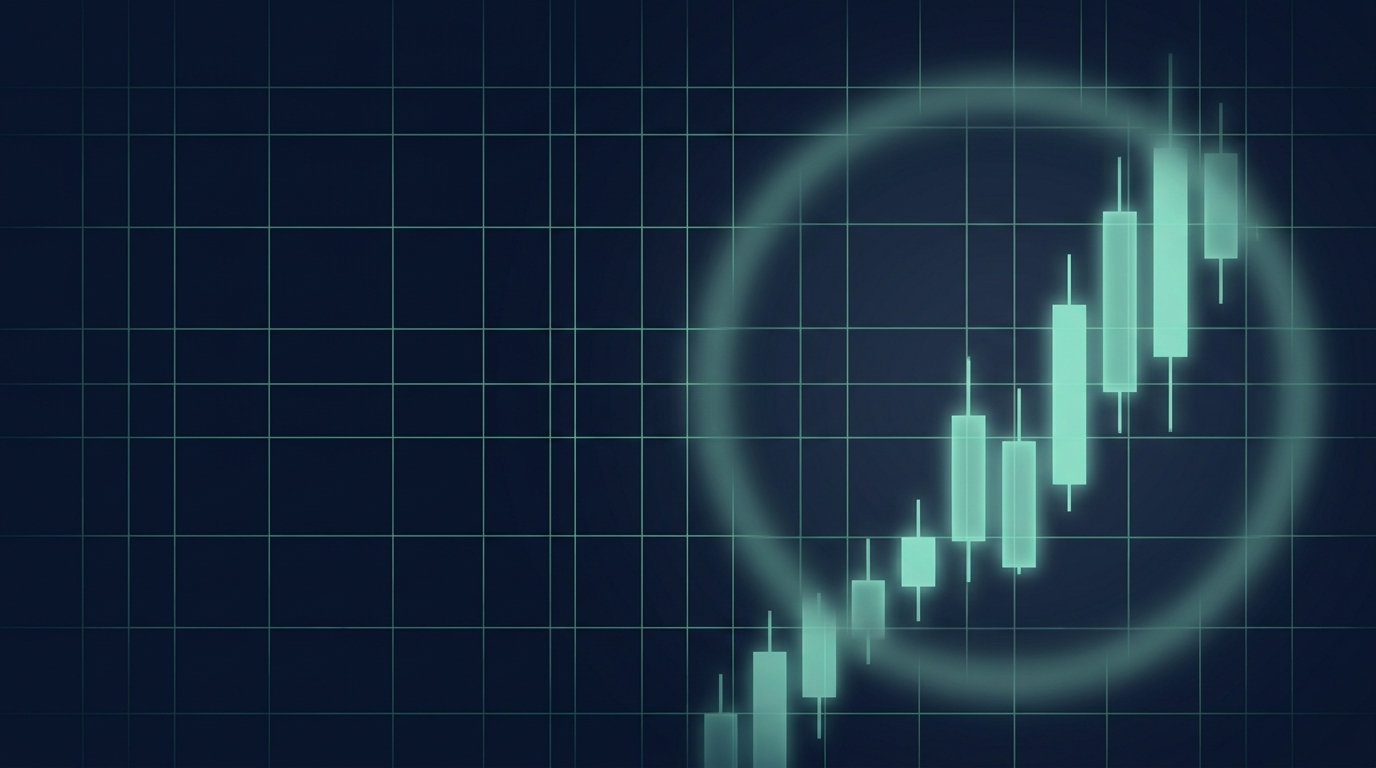Abstract financial visualization of a fine mint grid on deep navy with a single candlestick column growing taller and more amplified toward the right