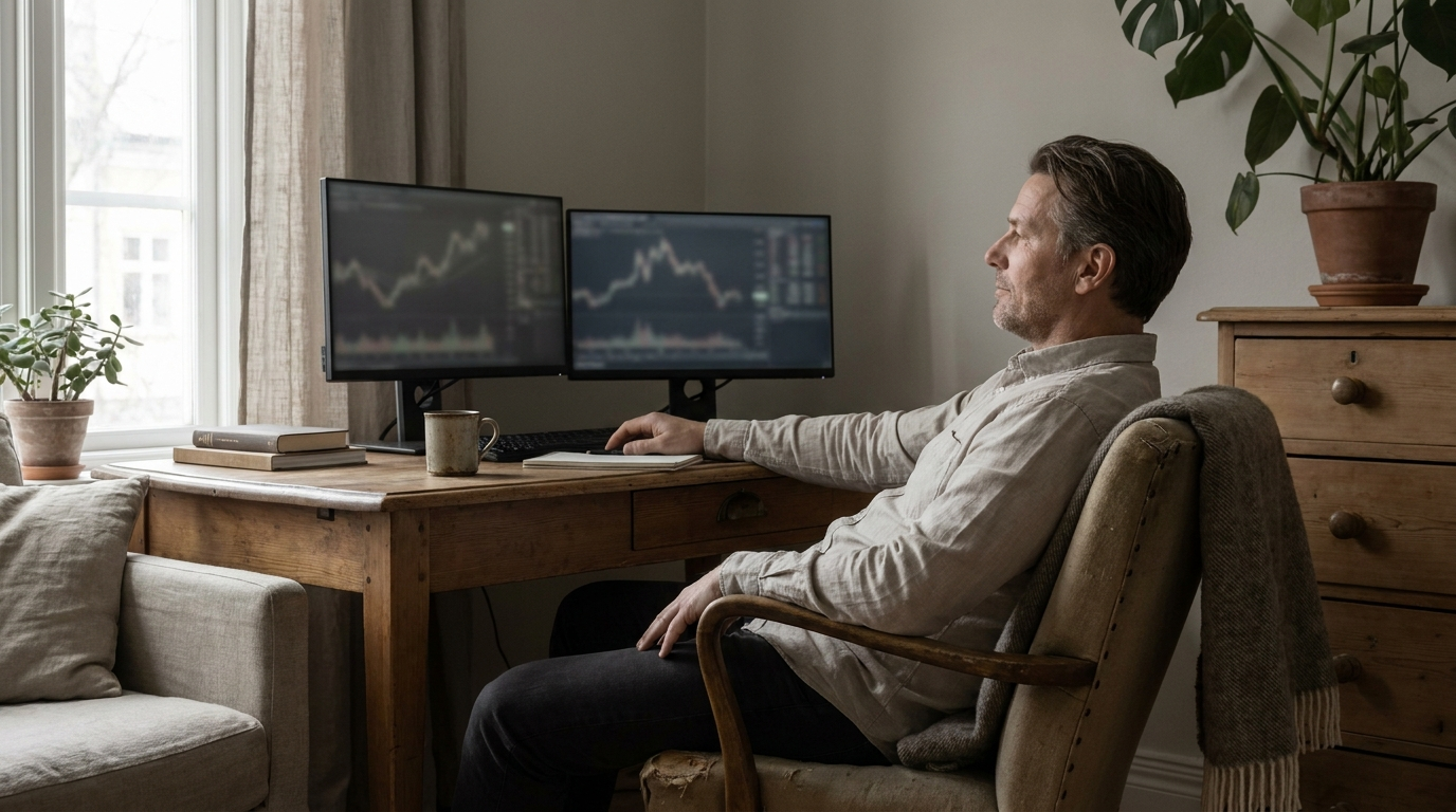 A trader sitting back from a desk with two dim monitors in a quiet home office during a slow market, soft natural light, calm and patient mood