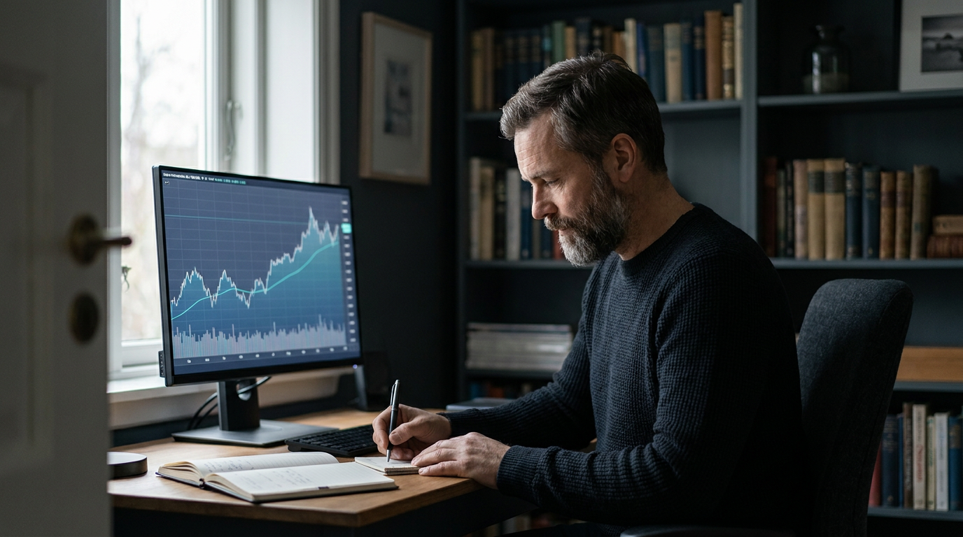 A composed trader at a quiet desk reviewing a single chart after a setback and taking notes, soft natural light, reflective and determined mood