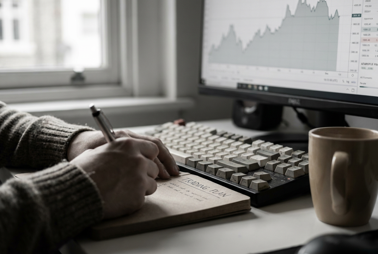 Close-up of a trader's hands writing a trading plan in a paper notebook beside a keyboard, calm and methodical