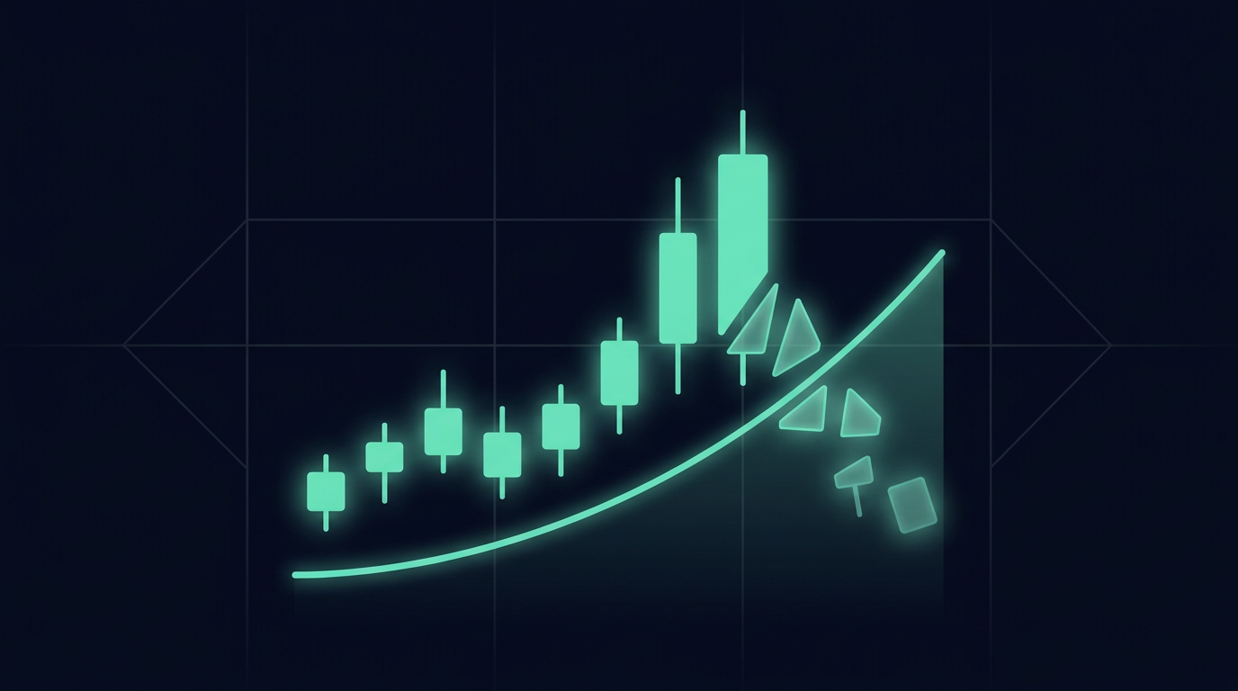 Abstract brand-colored chart of a rising candle being divided into smaller segments, navy and mint teal, clean and analytical