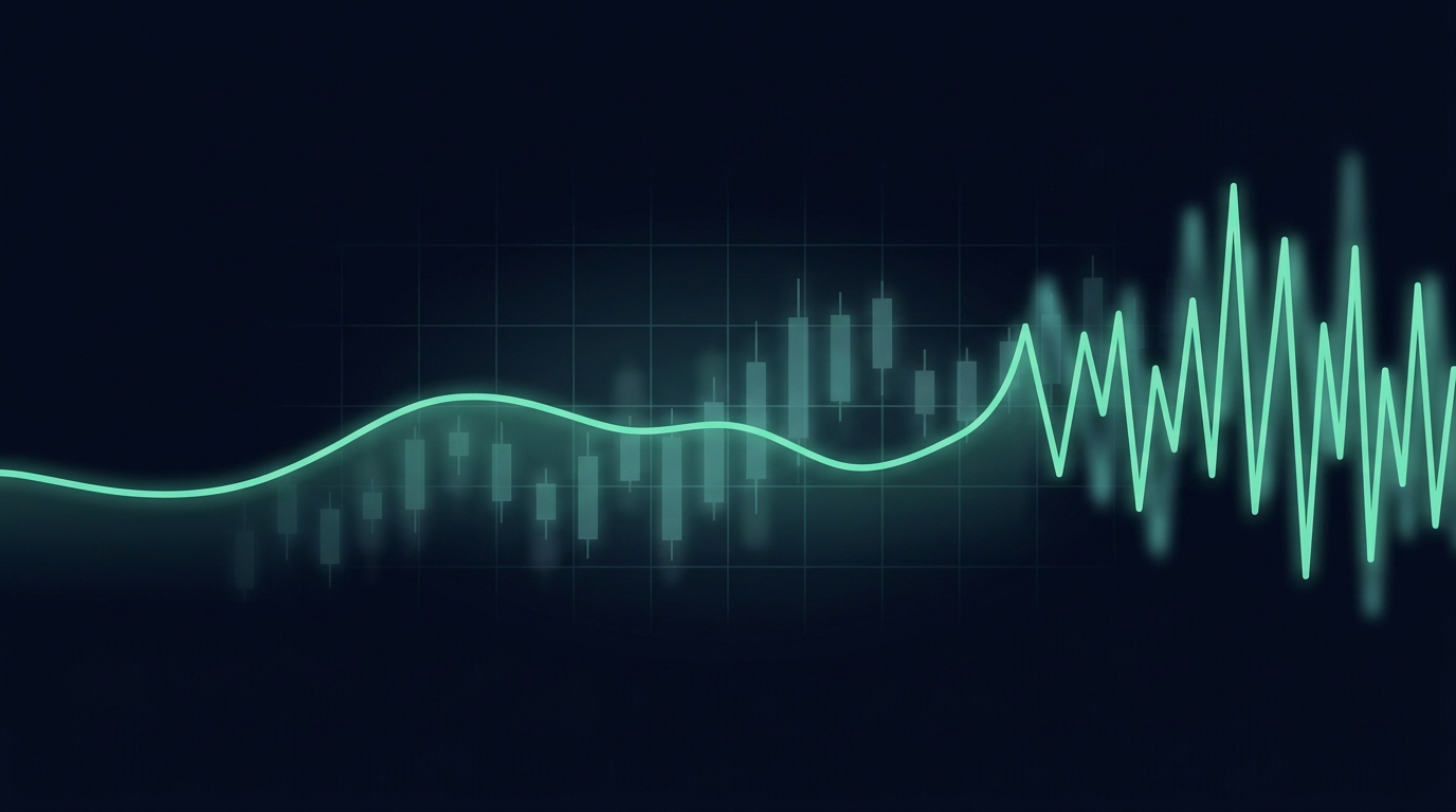 An abstract mint-green line on a dark navy background that starts smooth on the left and becomes jagged and volatile on the right, representing rising market volatility