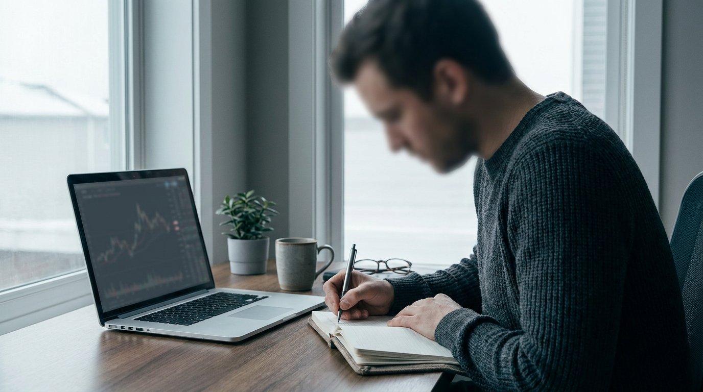 A calm photographic scene of a focused trader writing in a notebook beside a laptop with a muted dark trading screen, soft natural light, process-oriented mood