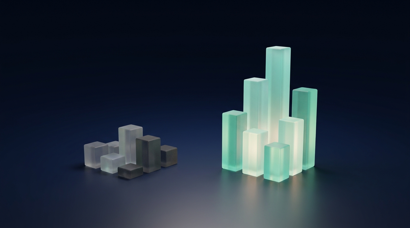 A branded 3D render comparing two clusters of candlestick prisms on a dark navy background, one dim and grey, one taller and glowing teal, representing two different paths