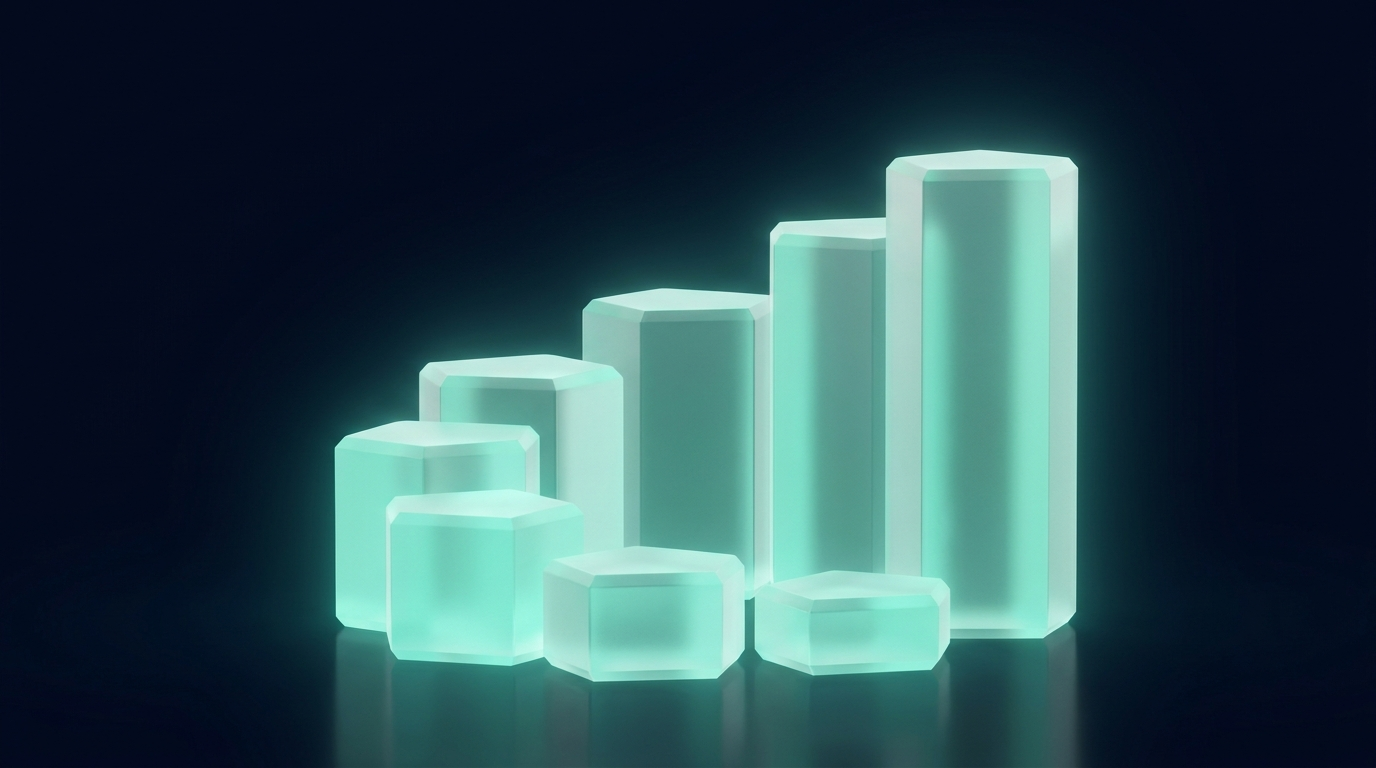 A branded 3D render of glowing teal candlestick prisms arranged as ascending steps on a dark navy background, suggesting allocation that grows in stages